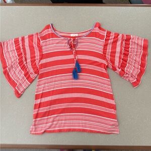 Cupid Coral and White Striped T-shirt with Blue Tassel Tie